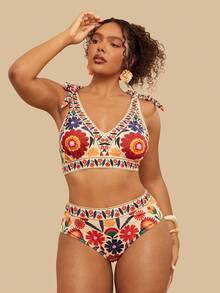 Travachic Đồ bơi hai mảnh kiểu boho cổ yếm in họa tiết nhiệt đới cỡ lớn dành cho nữ, thích hợp cho kỳ nghỉ hoặc đi biển. - Màu be - Xem 4