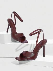 CUCCOO SZL Women's Square Toe Buckle Design Elegant High Heel Sandals Summer Shoes - Burgundy - View 3