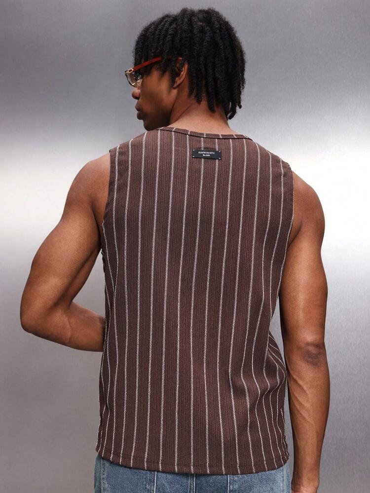 Herren ärmelloses braunes Tanktop mit vertikalen Streifen, Sommer Casual Rundhals Rippstrick Regular Fit Muskel Shirt