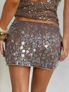 Aloruh Women's Spring/Summer New Brown Elegant Sexy Romantic Fashionable Minimalist Sparkling Beach Low-Waist Mini Skirt - Rust Brown - View 2