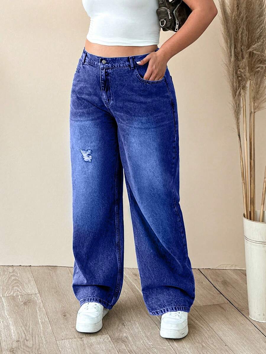 EURMUSE 100% Cotton Plus Size Women's Mid-Blue Elastic Waist Straight Leg Jeans - Dark Wash - View 1