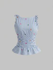 EMERY ROSE Áo kiểu nữ cổ thuyền ôm dáng, kẻ sọc xanh trắng, in hình trái tim nhiều màu, có nơ ở vai, thanh lịch và duyên dáng, thích hợp làm quà sinh nhật, hẹn hò, dự tiệc, ngày lễ động, đi học, chụp ảnh ngoài trời, du lịch, trang phục mùa hè, một món đồ thời trang thiết yếu. - Nhiều màu - Xem 3