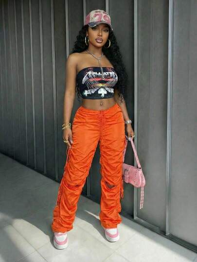 Slaydiva New Early Spring, Spring And Summer Music Festival, Valentine's Day, Easter Casual, Simple And Basic Style, Y2K Street Sweet, Hot-Selling Bestseller, Daily Date, Hot Girl Style, Sexy, Sporty And Stylish Style, Low Waist, Front Middle V Waist, Tapered Pleated Strap Design, Knee Cutout, Side Pleated Wide-Leg Pants, Khaki Long Pants, Women's Long Pants -A