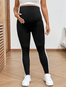 SHEIN 孕妇可调节腰带侧条纹休闲打底裤 - 黑色 - 查看 6