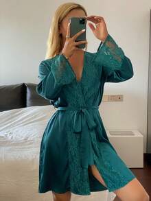 DAZY Women's Deep V-Neck Knotted Casual Loungewear Robe - Teal Blue - View 5