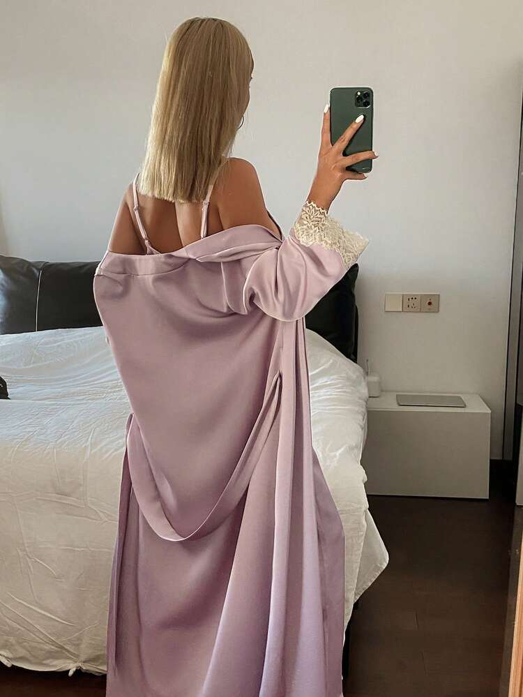 3pcs Romantic Elegant Wedding Satin & Lace Patchwork Robe, Camisole & Pants Sleepwear Set For Women