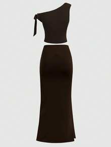 SHEIN Teen Girls Brown Off-Shoulder T-Shirt And Bodycon Mini Skirt Co-Ord Set - Brown - View 2