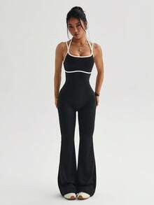 SHEIN Sports 女款黑白拼接細肩帶露背喇叭褲連身褲，夏季性感健身瑜伽皮拉提斯運動收腹套裝 - 黑色 - 查看 3