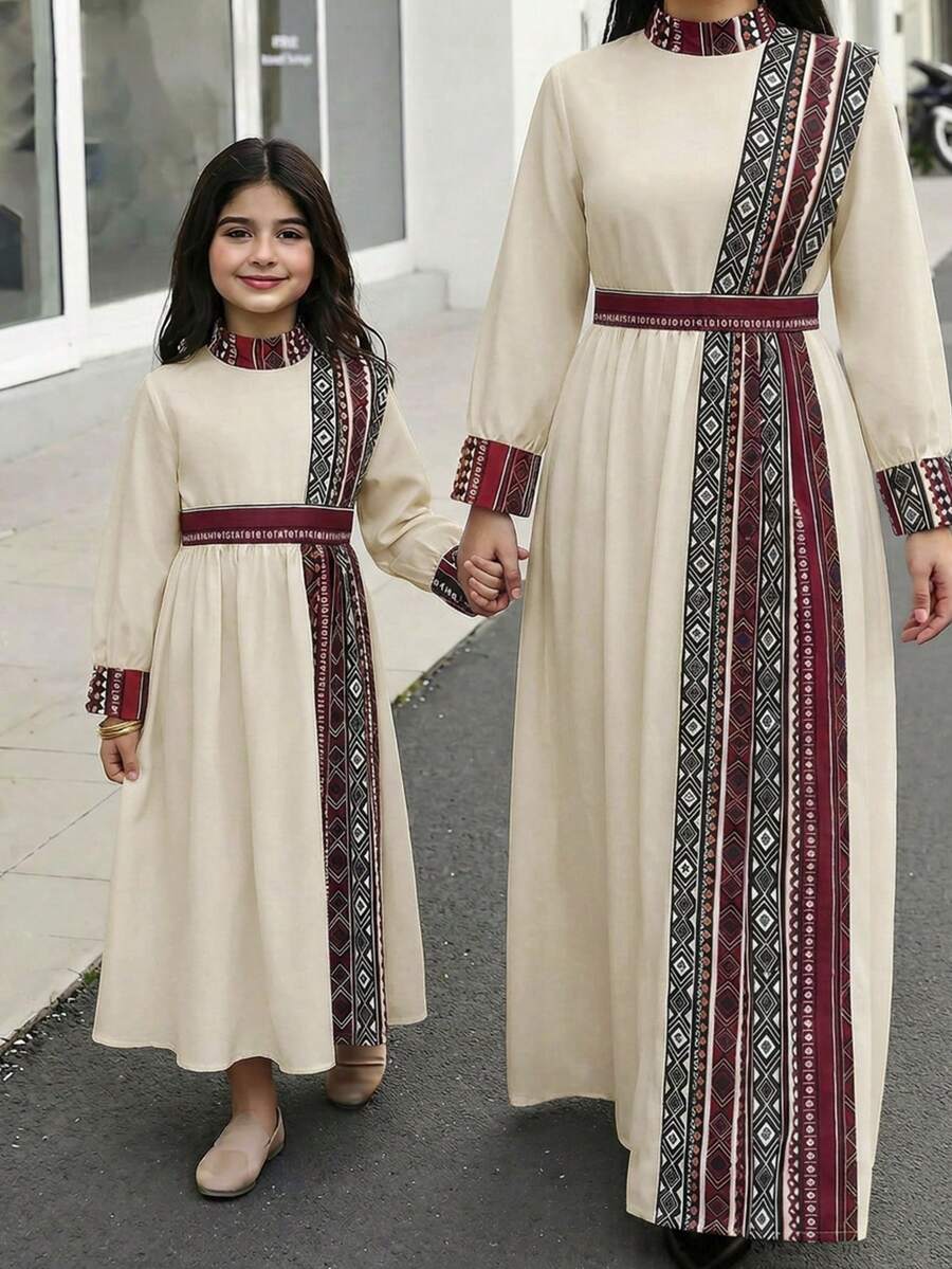 少女休閒簡約舒適小立領圖案拼接傳統阿拉伯風 Ramadan Abaya 素色洋裝 - 米色 - 查看 1