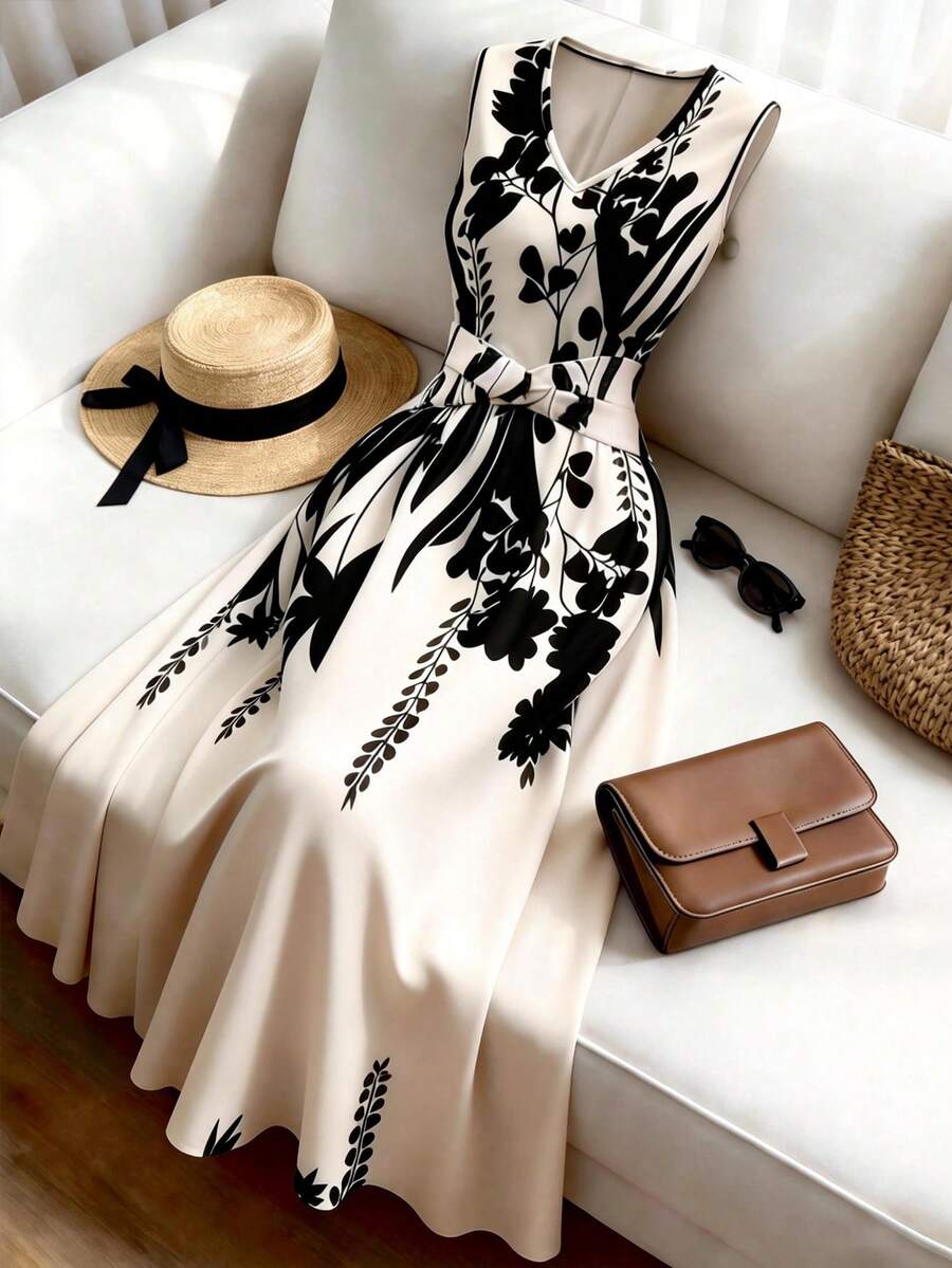 Franclia 女士时尚休闲无袖简约定位印花连衣裙，收腰喇叭裙，适合夏季休闲度假、春夏通勤、居家、约会、日常穿着、夏季、派对、海滩、毕业季、商务办公等场合，百搭时尚日常穿搭，V领收腰连衣裙，收腰喇叭裙 - 彩色 - 查看 1