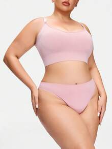 SHEIN Conjunto de sujetador y pantie de mujer de alta calidad, cómodo, de unicolor minimalista, de moda, de alta rentabilidad y talla grande - Rosa vieja - Ver 4