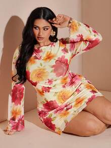 SHEIN BAE Đầm lưới dệt kim co giãn cổ tròn in hoa dành cho nữ cỡ lớn - Nhiều màu - Xem 7