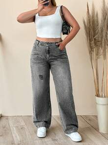 EURMUSE 100% Cotton Plus Size Women's Mid-Blue Elastic Waist Straight Leg Jeans - Grey - View 4