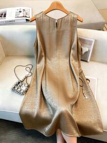 GlowEve CURVE Plus Size Round Neck Pearl Embellished Elegant Sleeveless Dress - Champagne - View 2