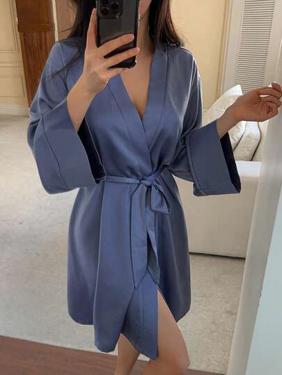 DAZY Solid Color Satin Loose Long Sleeve Long Robe, Suitable For Spring And Summer Wear