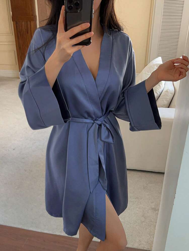 Solid Color Satin Loose Long Sleeve Long Robe, Suitable For Spring And Summer Wear