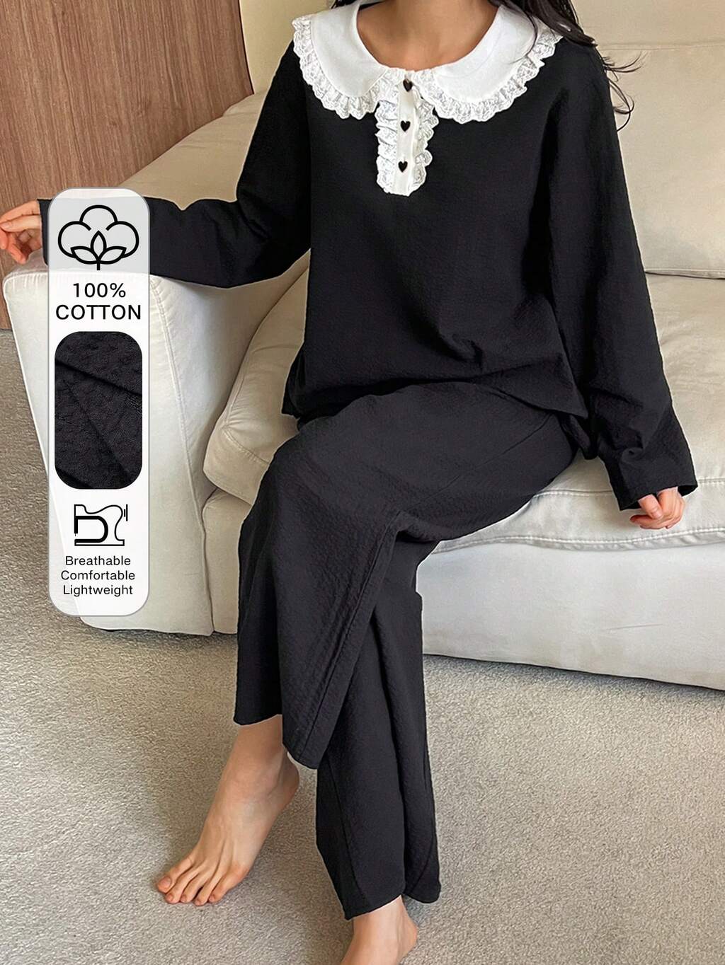 2pcs Lace Patchwork Loose Cardigan & Pants Women Pajama Set, Autumn/Winter