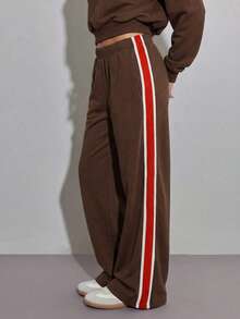 SHEIN ICON 女士弹力腰侧条纹阔腿宽松运动裤 - 棕色 - 查看 3