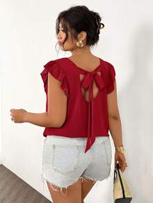 SHEIN Frenchy Plus Size Women's Solid Color Round Neck Tie Back Casual Versatile Daily Wear Short Sleeve Blouse - Red - View 1