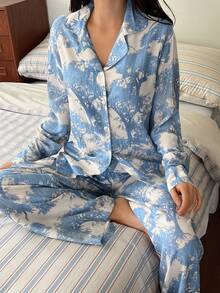 DAZY Elegant Plant Silhouette Print Cinched Waist Sleepwear Set For Women - Blue - View 4
