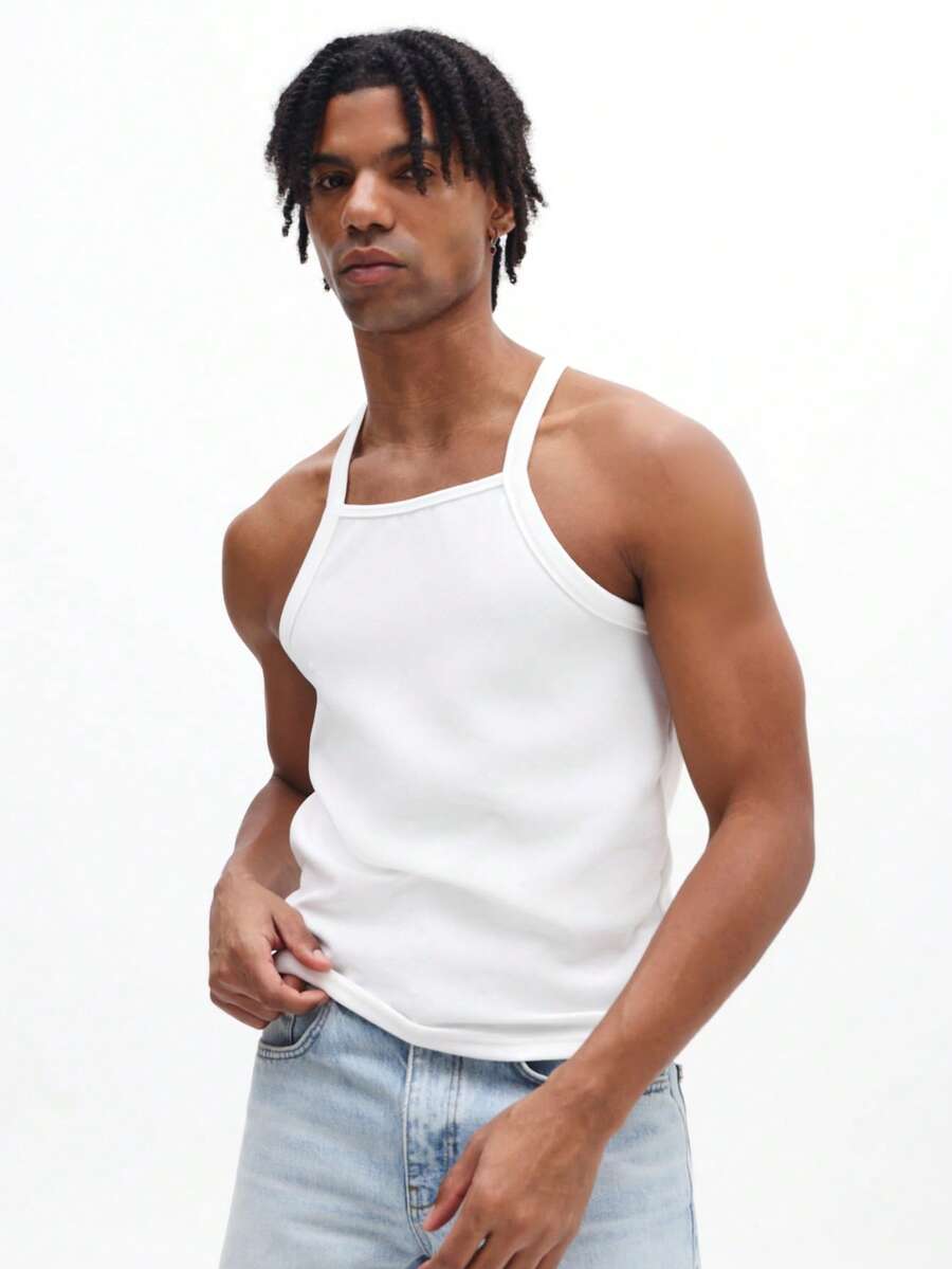 SUMWON Áo tank top nam màu trắng cổ tròn không tay, kiểu dáng casual mùa hè, chất liệu cơ bản, viền bo gân, vừa vặn thoải mái. - trắng - Xem 1