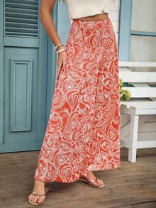 SHEIN LUNE Women's Casual Retro Print High Waist Wide Leg Pants, Suitable For Spring/Summer Vacation - Red - View 3
