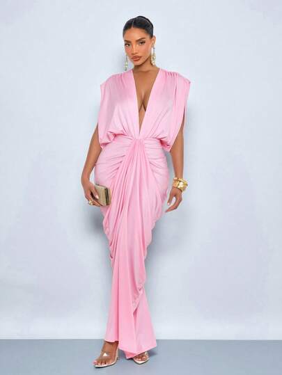 SOLERSUN Women's Elegant Soft Pink Deep V Neck Ruched Bodycon Dress, Elegant Party Evening Maxi Gown For Women,Perfect For Banquets