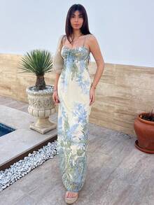 Hitanina Women's Summer Beach Vacation Maxi Dress Loose Dress Elegant Floral Print Spaghetti Strap Apricot Dress Summer Dresses For Women,Graduation,Teacher Outfits For Women,Teacher Dress Party - Multicolor - View 5