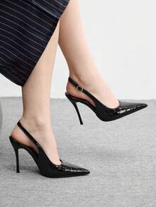 CUCCOO BIZCHIC Elegant Women Slingback Heels Textured Glossy Finish Pointed Toe Stiletto High Heel Pumps - Black - View 3