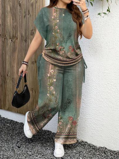 EMERY ROSE 绿色碎花印花休闲简约大码女装两件套 - 蝙蝠袖短袖T恤和阔腿裤，适合夏季穿着