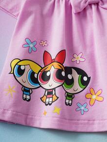 THE POWERPUFF GIRLS X SHEIN Baby Girl Bow Decor Short Sleeve T-Shirt And Pants Set, - Pink - View 4