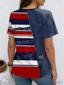 EMERY ROSE Camiseta casual de talla grande con cuello en V, de manga corta, con estampado y rayas, para primavera - Multicolor - Ver 2