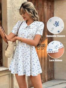 SHEIN PariChic Vestido camisa feminino romântico e elegante com estampa floral azul, lapela ampla e detalhes em renda. Ideal para férias, uso casual, encontros no Dia dos Namorados, vestido princesa de mangas curtas com mangas bufantes, modelagem que afina a cintura, silhueta em A, fechamento frontal com botões, estilo retrô, perfeito para o dia a dia, ideal para primavera/verão, encontros românticos e aniversários. - Azul e branco - Ver 7