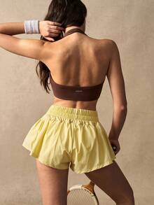 VARSIVA Quần short thể thao ngoài trời thường ngày, đa năng, màu trơn, cạp chun dành cho nữ. - Màu vàng - Xem 10