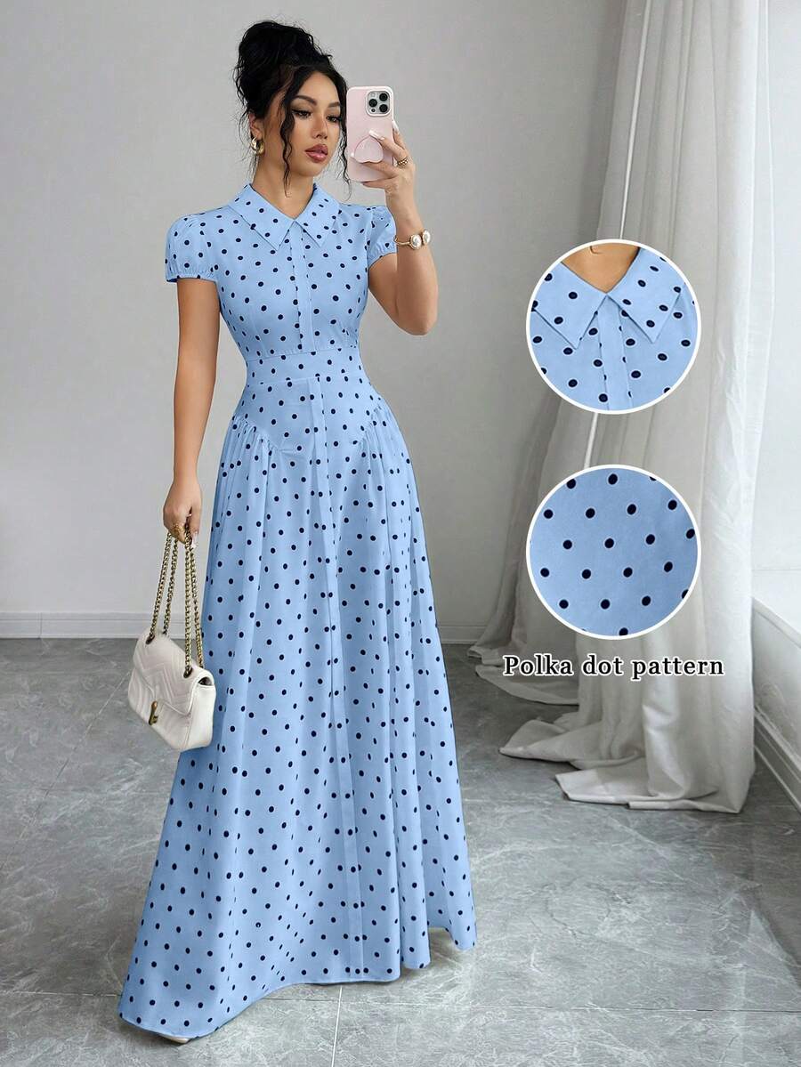 Elenzga Vestido de lunares blanco y negro de estilo elegante y vintage para mujer, con cuello vuelto, botones delanteros, hombros recogidos, mangas farol y falda acampanada, ideal para negocios, salidas y vacaciones, primavera/verano - Azul - Ver 1
