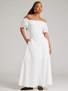 NYA SZN Vestido Longo com Ombros à Mostra e Costura em Contraste - Branco - Visão 5