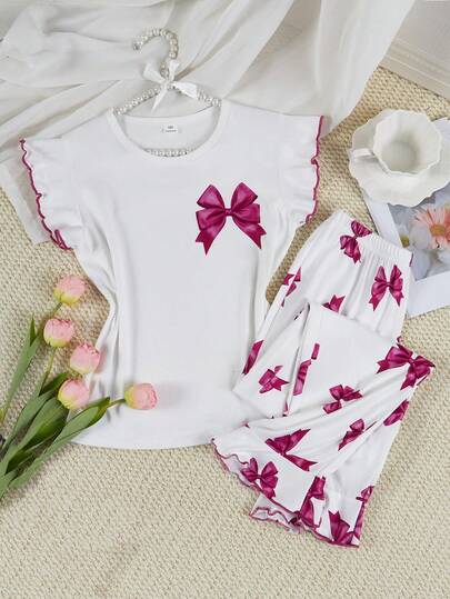 Women's Regular Fuchsia 3D Bow Tie Element Ruffle Sleeve Top And Ruffle Hem Pants Homewear Set, Made Of Soft And Comfortable Fabric, Sweet And Economical Outfit For Girls At Home