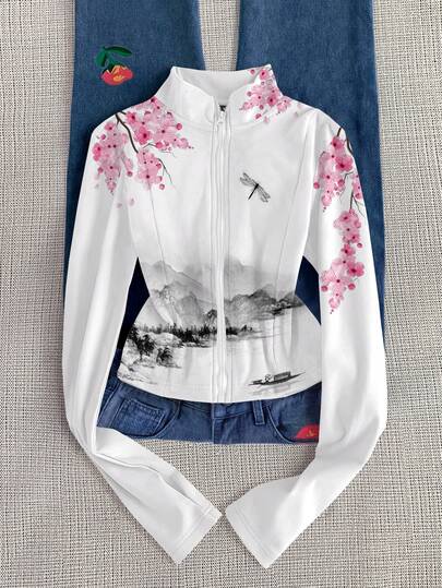 Noixe Chaqueta ligera con estampado de pintura de tinta de flor de cerezo estilo Y2K, diseño deportivo casual con cremallera, ajuste delgado de manga larga, adecuada para viajes al aire libre, regalo