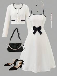SHEIN Elegant Cardigan Jacket & Bowknot Decor Slip Dress 2 Pieces Set, Suitable For Teen Girl, Autumn/Winter - White - View 3