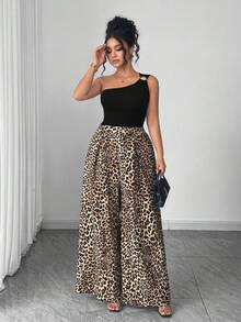 Elenzga Bộ đồ 2 món cỡ lớn dành cho nữ, gồm quần in họa tiết và áo hai dây, thích hợp cho kỳ nghỉ hè, đi nghỉ mát hoặc mặc hàng ngày. - màu đen - Xem 3