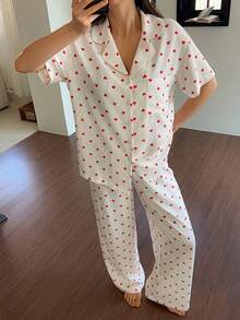 DAZY 2pcs/Set Women Heart Pattern Loose Cardigan Short Sleeve & Straight Leg Long Pants Pajama Set, Summer - White - View 1