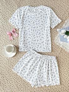 SHEIN 少女碎花圆领T恤短裤睡衣套装，休闲家居服 - 白色 - 查看 2