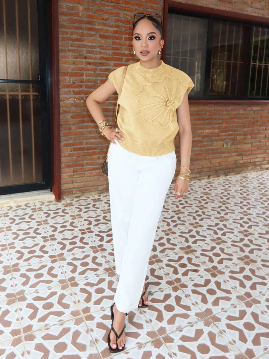 Melissa Matos 女式夏季休闲纯色针织上衣 - 黃色 - 查看 1
