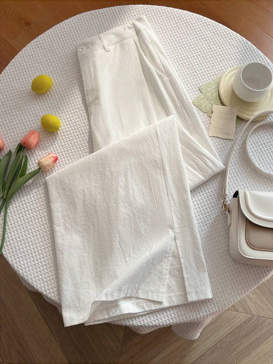 Elamini Women's Casual Cotton Split Hem Loose Straight Leg Maxi Pants, Slimming, Spring/Summer - White - View 1