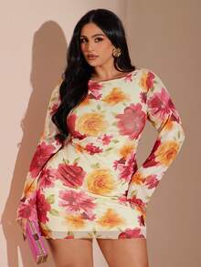 SHEIN BAE Đầm lưới dệt kim co giãn cổ tròn in hoa dành cho nữ cỡ lớn - Nhiều màu - Xem 3