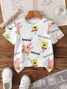 SpongeBob SquarePants | SHEIN 卡通字母印花短袖T恤，男童款 - 白色 - 查看 1