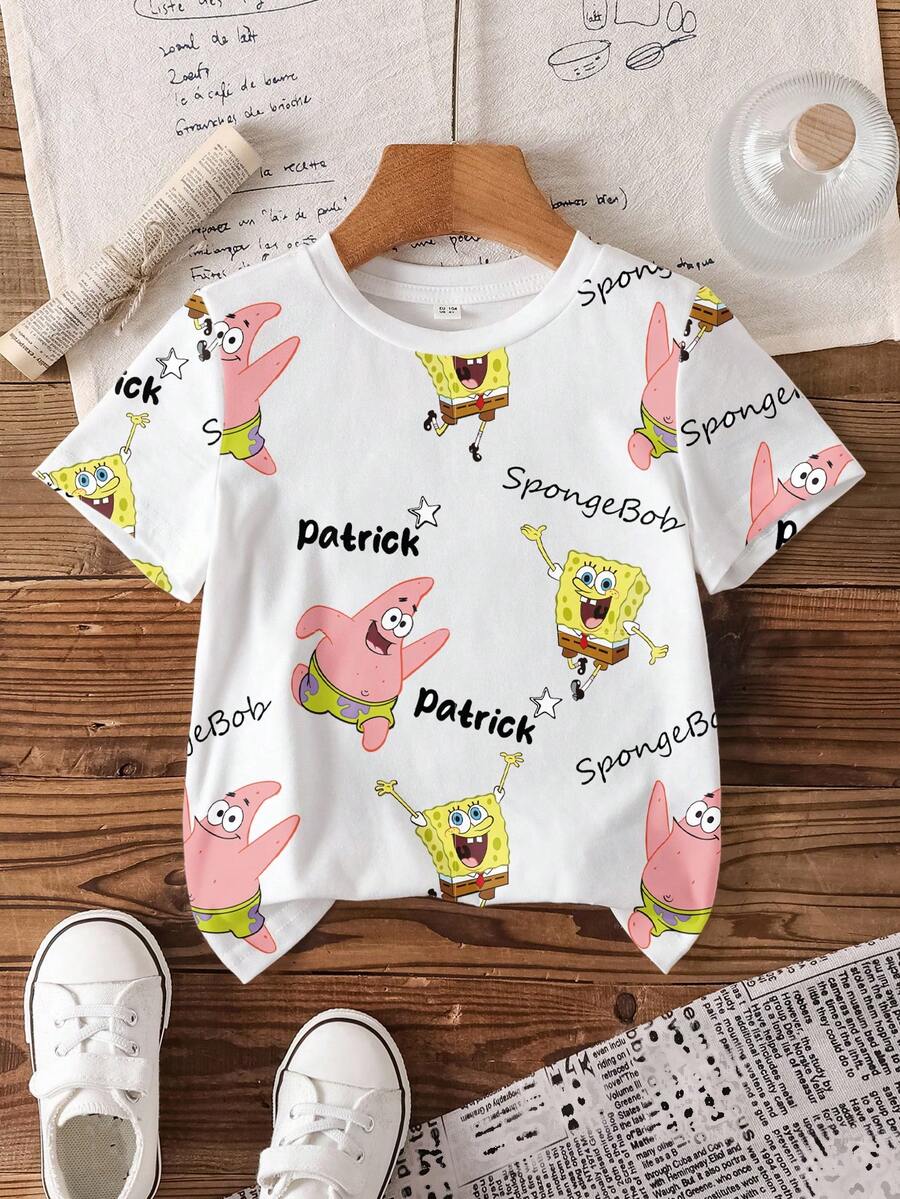 SpongeBob SquarePants | SHEIN 卡通字母印花短袖T恤,男童款 - 白色 - 查看 1