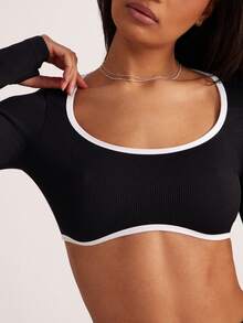 Hauture 无缝弹力瑜伽健身上衣，长袖 - 黑色 - 查看 3