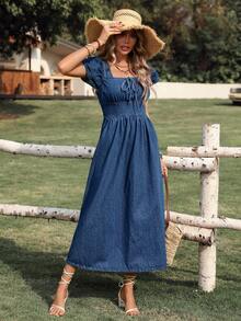 Breezaya Đầm denim dài thanh lịch với gấu váy xếp ly và eo thắt gọn dành cho nữ - Rửa trung bình - Xem 6