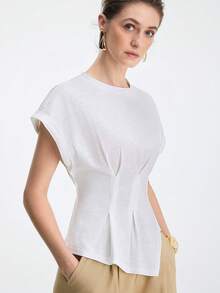 Aalyst Women's Elegant White Summer T-Shirt Casual Round Neck Short Sleeve Asymmetrical Hem Ruffled Waist Top,Suitable For Work,Dates And Vacation - White - View 5